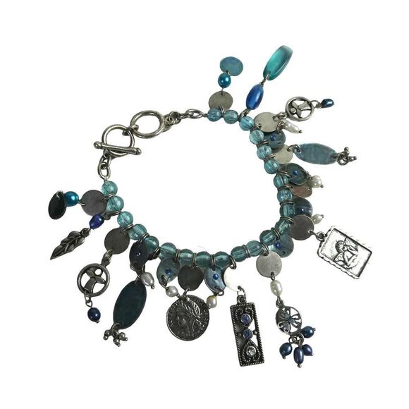 Cookie Lee Toggle Charm Bracelet Beaded Blue Silver Tone Coin Angel Faith Shell - Picture 1 of 10